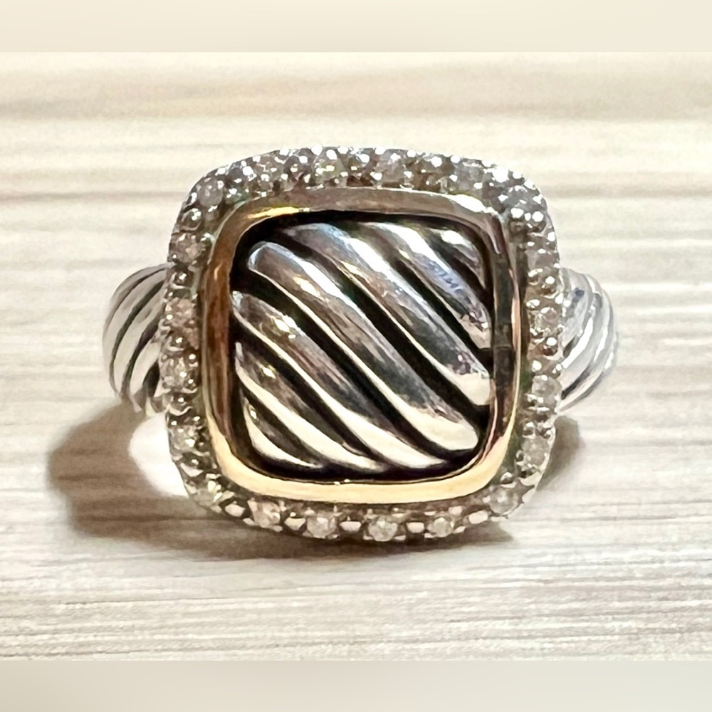 Designer Signed ATR Sterling Silver 14k Yellow Gold Diamond Cable Ring, Size 7 - Picture 2 of 11